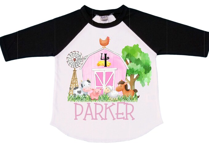 Personalized Farm Barn Farm Animal Tractor theme Birthday Shirt. Four Birthday. Girls Cow Farm Birthday Shirt. Tractor Birthday Shirt.