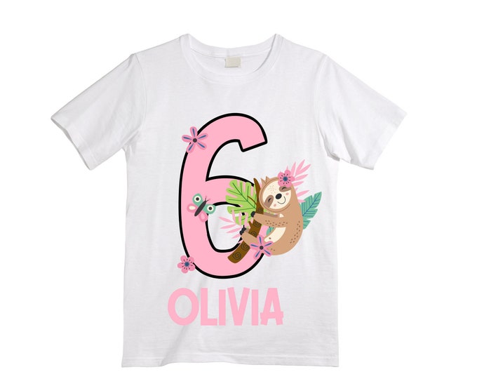 Personalized Sloth SIX Birthday Girl Shirt. Cake Smash Short Sleeve Birthday Shirt. 6th . Birthday Shirt