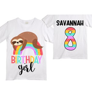 Personalized Sloth themed EIGHT Birthday Girl Shirt. Cake Smash Short Sleeve Birthday Shirt. 8th . Birthday Shirt