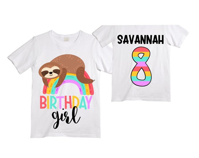 Personalized Sloth themed EIGHT Birthday Girl Shirt. Cake Smash Short Sleeve Birthday Shirt. 8th . Birthday Shirt