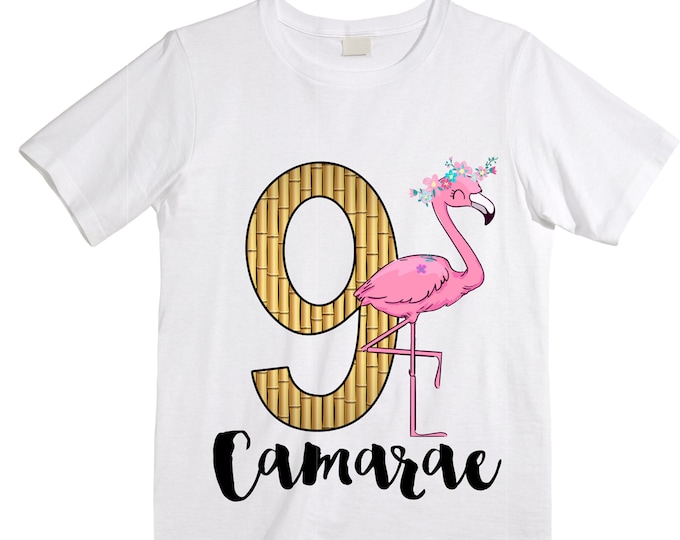 Personalized Flamingo Tropical Themed NINE Birthday Girl Shirt. Cake Smash Short Sleeve Birthday Shirt. 9th . Birthday Shirt