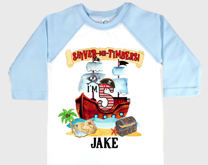 Personalized Pirate Ship FIVE Pirate Ship theme Birthday Shirt. Five Birthday. Boy's Pirate. Ahoy Matey, Arr Matey, Arrgh, Shiver Me Timber