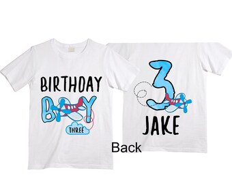 Personalized Airplane theme Birthday Shirt. THREE Birthday. Boy's Airplane Birthday Shirt. Airplane Racing Birthday Shirt.