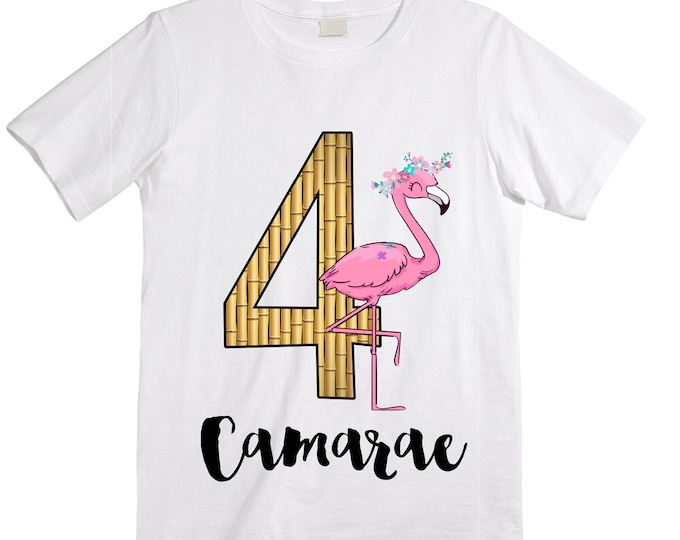 Personalized Flamingo Tropical Four Birthday Girl Shirt. Cake Smash Birthday Shirt. 4th . Birthday Shirt