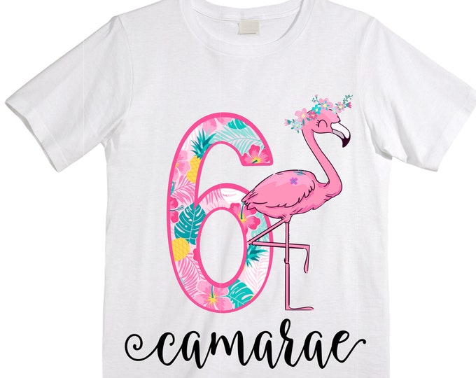 Personalized Flamingo Tropical SIX Birthday Girl Shirt. Cake Smash Short Sleeve Birthday Shirt. 6th . Birthday Shirt
