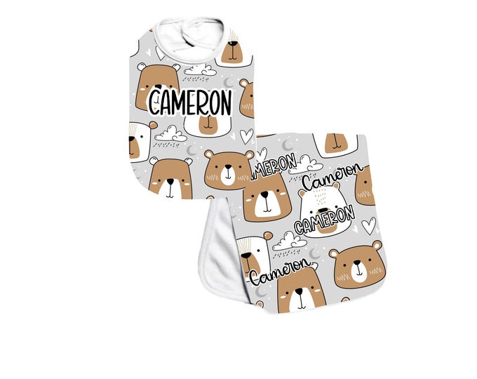 Personalized Bear Baby Bear Burp Cloth and Bib  Set. Fun Burp Cloth. Baby Shower Gift. Newborn Gift Idea