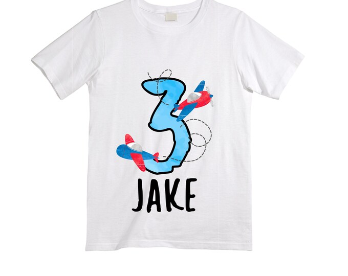 Personalized Airplane theme Birthday Shirt. THREE Birthday. Boy's Airplane Birthday Shirt. Airplane Racing Birthday Shirt.