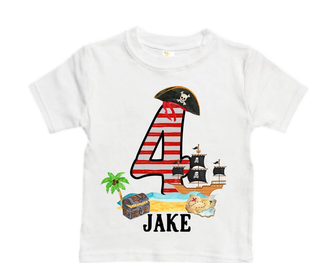 Personalized Pirate Ship FOUR  Raglan Pirate Ship theme Birthday Shirt. Arr matey. Ahoy Matey. Timber Me Shivers. 4th Pirate themed Party.