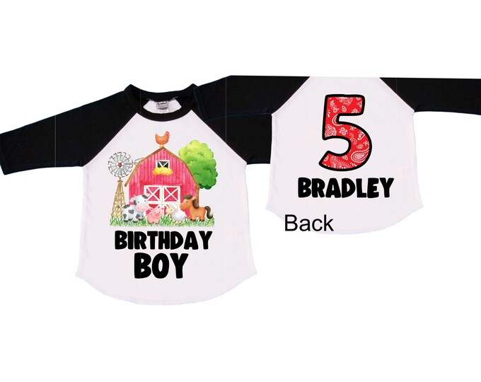 Personalized Farm Barn Farm Animal Tractor theme Birthday Shirt. FIVE Birthday. Boy's Farm Birthday Shirt. Tractor Birthday Shirt. 5th
