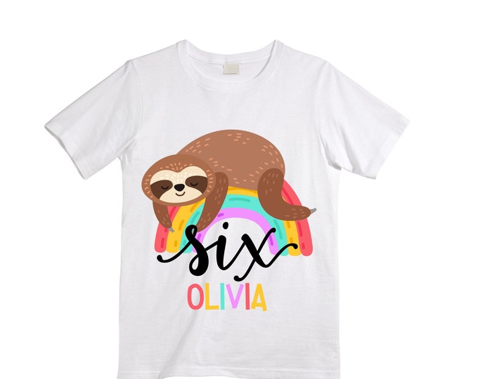 Personalized Sloth SIX Birthday Girl Shirt. Cake Smash Short Sleeve Birthday Shirt. 6th . Birthday Shirt