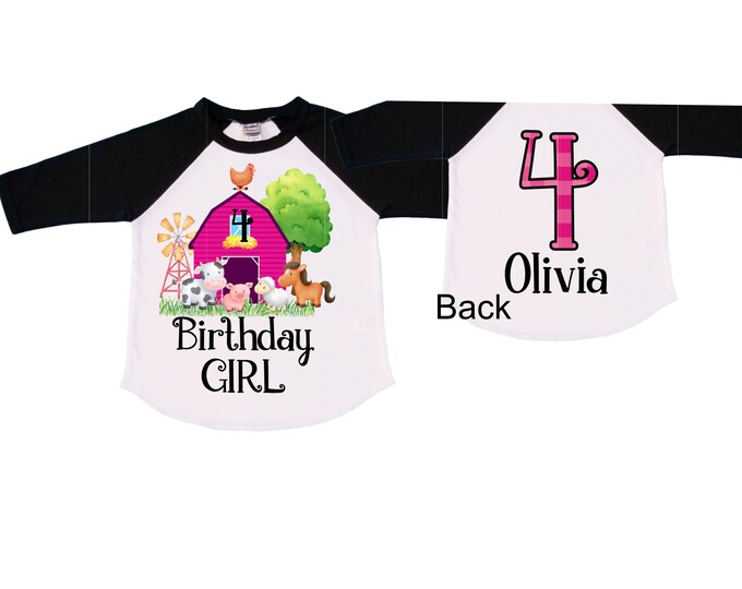 Personalized Farm Barn Farm Animal Tractor theme Birthday Shirt. Four Birthday. Girls Cow Farm Birthday Shirt. Tractor Birthday Shirt.