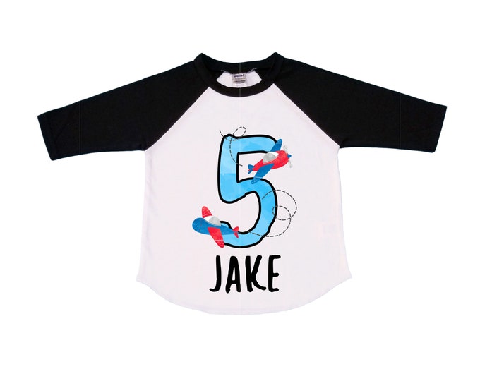 Personalized Airplane theme Birthday Shirt. FIVE Birthday. Boy's Racing Birthday Airplane Themed Birthday Shirt