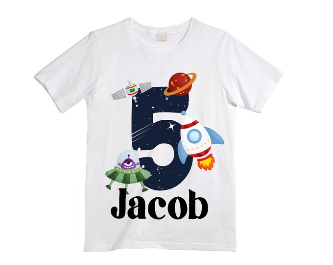 Personalized Space Birthday FIVE Astronaut theme Birthday Shirt. 5th Birthday. Boy's Birthday Shirt. Spaceship Space ship Birthday Shirt.