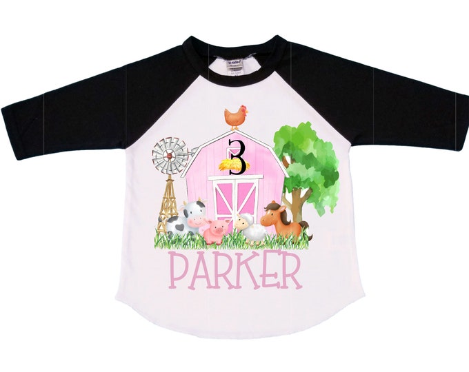 Farm Barn Tractor Farm Animal theme Birthday Shirt. THREE Birthday. Boy's Tractor Birthday Shirt. Farm Birthday Shirt.