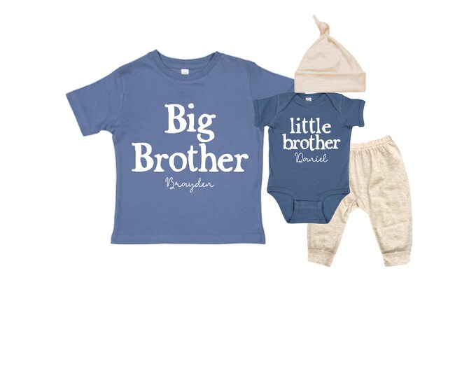 Big Brother Little Brother Matching 4-Piece Set: Bodysuit, Shirt, Pants, Hat - Matching Brothers, Baby Shower
