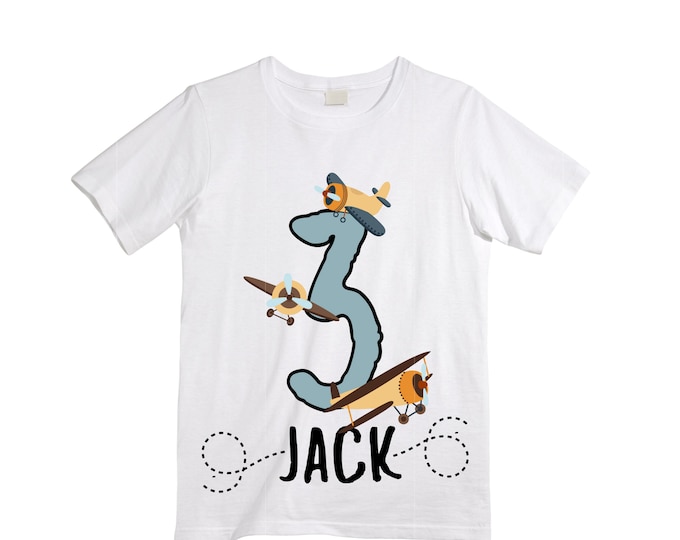 Personalized Airplane theme Birthday Shirt. THREE Birthday. Boy's Airplane Birthday Shirt. Airplane Racing Birthday Shirt.