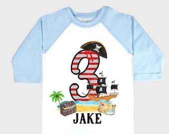 Personalized Pirate Ship theme Birthday Shirt. THREE Birthday. Boy's Pirate Birthday. Timber me Shivers. Arr Matey. Ahoy Matey. Arrgh. 3rd
