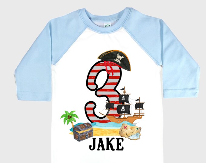 Personalized Pirate Ship theme Birthday Shirt. THREE Birthday. Boy's Pirate Birthday. Timber me Shivers. Arr Matey. Ahoy Matey. Arrgh. 3rd