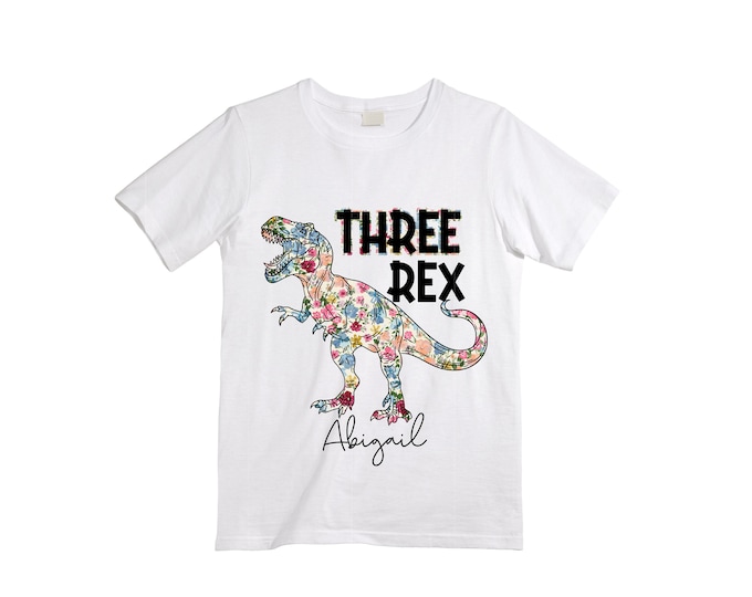 Personalized Dinosaur theme Birthday Shirt. Three Birthday. Girl's Floral Dino Birthday Shirt. Dinosaur Birthday Shirt. THREE Rex