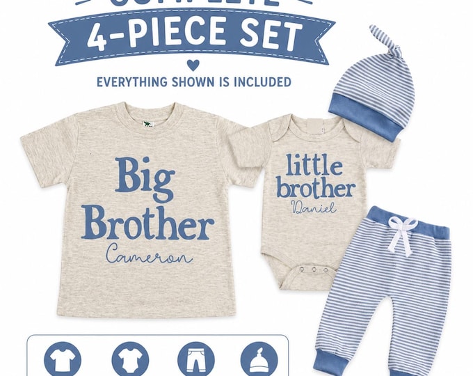 Big Brother Little Brother Matching 4-Piece Set: Bodysuit, Shirt, Pants, Hat - Matching Brothers, Baby Shower