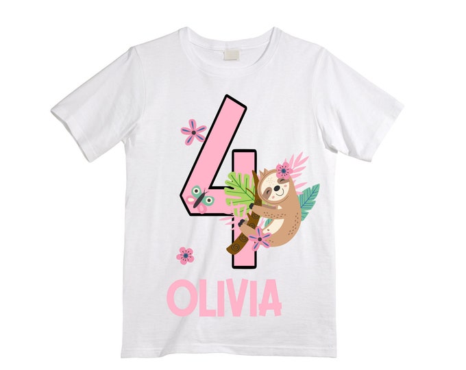 Personalized Sloth Four Birthday Girl Shirt. Cake Smash Birthday Shirt. 4th . Birthday Shirt