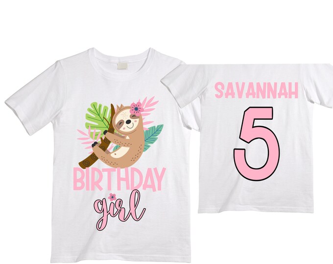 Personalized Sloth FIVE Birthday Girl Shirt. Cake Smash Short Sleeve Birthday Shirt. 5th . Birthday Shirt