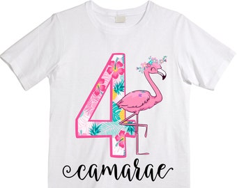Personalized Flamingo Tropical Four Birthday Girl Shirt. Cake Smash Birthday Shirt. 4th . Birthday Shirt