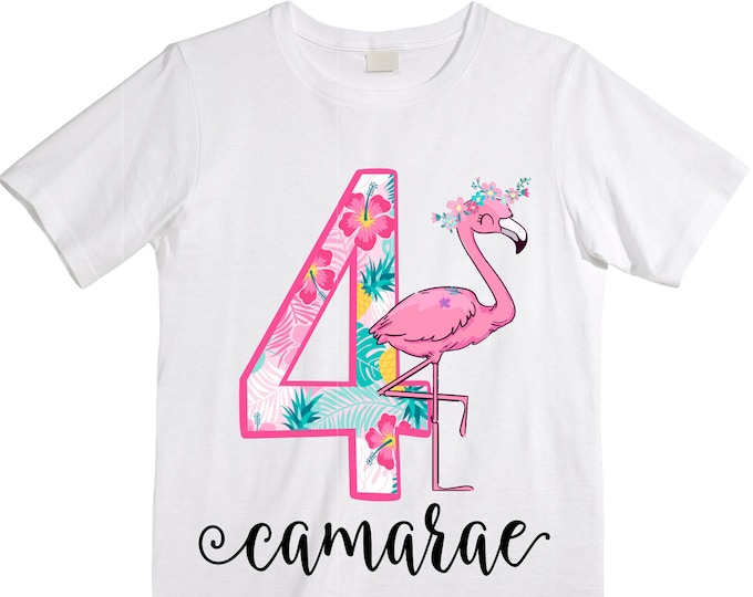 Personalized Flamingo Tropical Four Birthday Girl Shirt. Cake Smash Birthday Shirt. 4th . Birthday Shirt