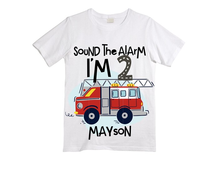 Personalized Sound the Alarm I'm 2 Fire Truck theme Birthday Shirt. Two Birthday. Boy's Truck Birthday Shirt. Fire Truck Birthday Shirt.