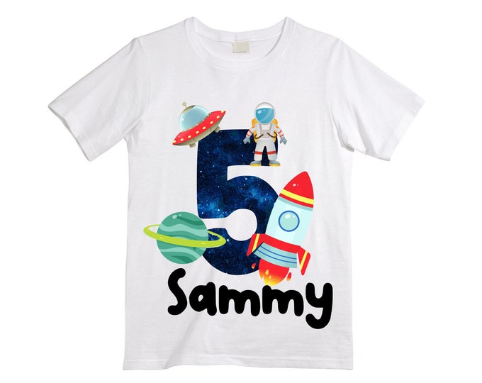 Personalized Space Birthday FIVE Astronaut theme Birthday Shirt. 5th Birthday. Boy's Birthday Shirt. Spaceship Space ship Birthday Shirt.