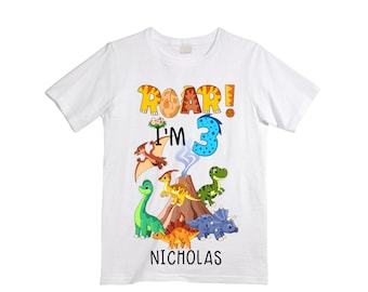 Personalized ROAR! Dinosaur theme Birthday Shirt. Three Birthday. Boy's Dino Birthday Shirt. Dinosaur Roar Birthday Shirt. THREE Rex