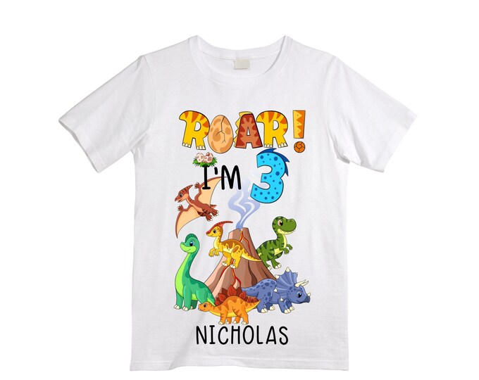 Personalized ROAR! Dinosaur theme Birthday Shirt. Three Birthday. Boy's Dino Birthday Shirt. Dinosaur Roar Birthday Shirt. THREE Rex