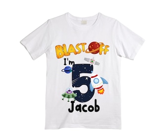 Personalized Space Birthday FIVE Astronaut theme Birthday Shirt. 5th Birthday. Boy's Birthday Shirt. Spaceship Space ship Birthday Shirt.