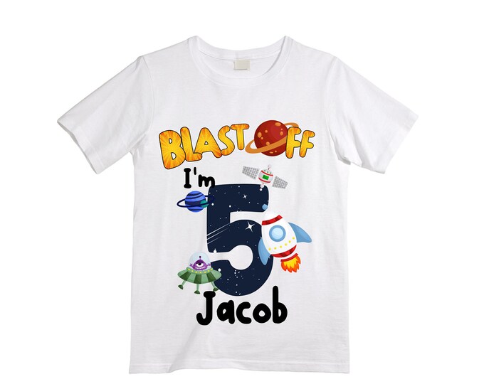 Personalized Space Birthday FIVE Astronaut theme Birthday Shirt. 5th Birthday. Boy's Birthday Shirt. Spaceship Space ship Birthday Shirt.