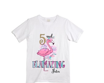 Personalized Flamingo Tropical FIVE Birthday Girl Shirt. Cake Smash Short Sleeve Birthday Shirt. 5th . Birthday Shirt