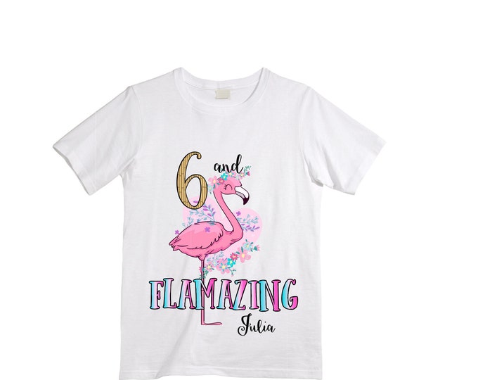 Personalized Flamingo Tropical SIX Birthday Girl Shirt. Cake Smash Short Sleeve Birthday Shirt. 6th . Birthday Shirt