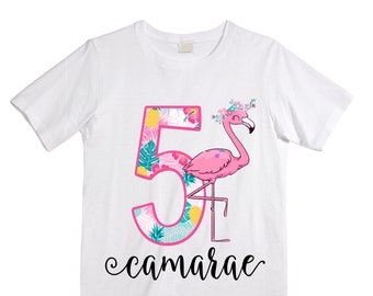Personalized Flamingo Tropical FIVE Birthday Girl Shirt. Cake Smash Short Sleeve Birthday Shirt. 5th . Birthday Shirt