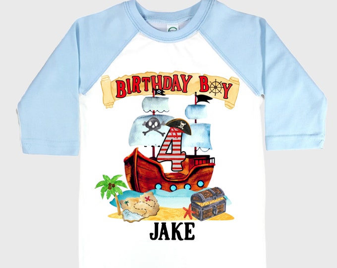 Personalized Pirate Ship FOUR  Raglan Pirate Ship theme Birthday Shirt. Arr matey. Ahoy Matey. Timber Me Shivers. 4th Pirate themed Party.