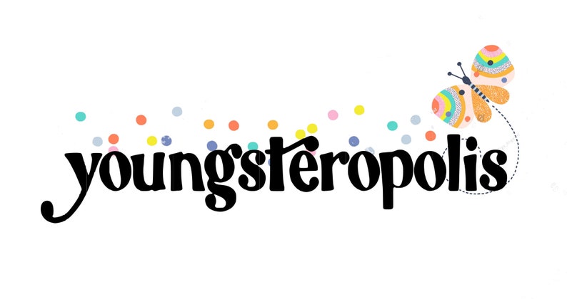 May include: A black and white logo with the text "youngsteropolis" and a colourful butterfly with rainbow wings.