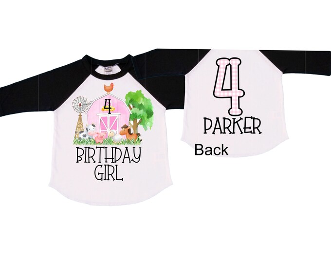 Personalized Farm Barn Farm Animal Tractor theme Birthday Shirt. Four Birthday. Girls Cow Farm Birthday Shirt. Tractor Birthday Shirt.