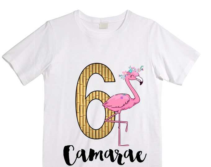 Personalized Flamingo Tropical SIX Birthday Girl Shirt. Cake Smash Short Sleeve Birthday Shirt. 6th . Birthday Shirt