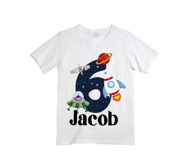 Personalized Space Birthday SIX Astronaut theme Birthday Shirt. 6th Birthday. Boy's Birthday Shirt. Spaceship Space ship Birthday Shirt.