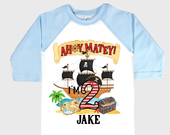 Personalized Pirate Ship theme Birthday Shirt. Two Birthday. Boy's Pirate Birthday. Shiver Me Timbers. Ahoy Matey. Arr. Arragh Shirt. Pirate