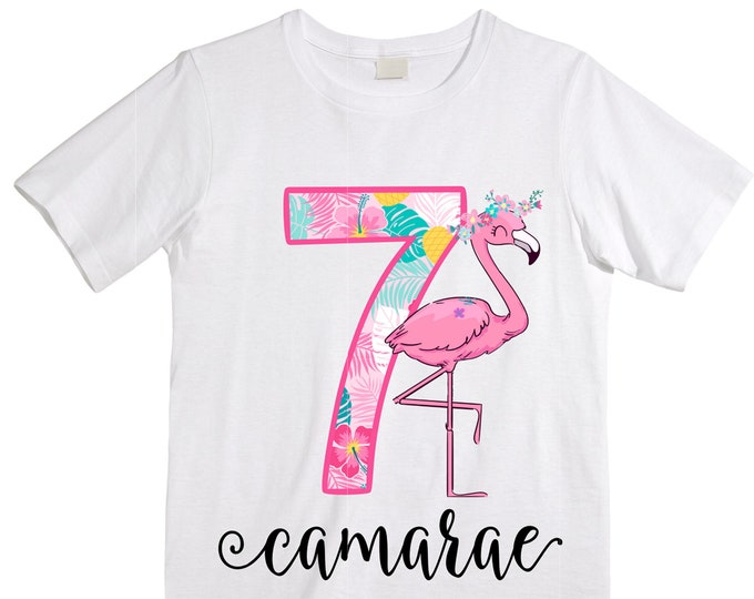 Personalized Flamingo Tropical themed SEVEN  Birthday Girl Shirt. Cake Smash Short Sleeve Birthday Shirt. 7th . Birthday Shirt