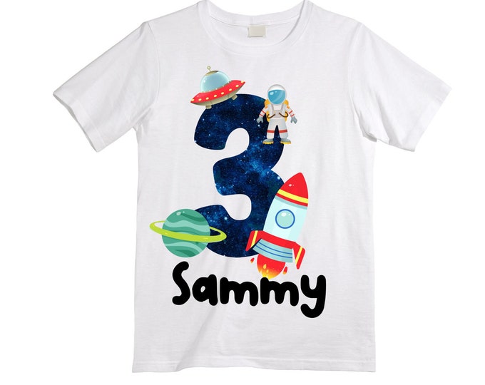 Personalized Space Birthday THREE Astronaut theme Birthday Shirt. THREE Birthday. Boy's Birthday Shirt. Spaceship Space ship Birthday Shirt.