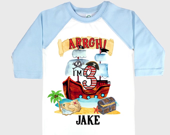 Personalized Pirate Ship theme Birthday Shirt. THREE Birthday. Boy's Pirate Birthday. Timber me Shivers. Arr Matey. Ahoy Matey. Arrgh. 3rd