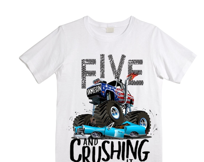 Personalized Monster Truck Crushing IT Birthday Shirt. FIVE Birthday. Boy's Truck Birthday Shirt. Monster Truck Racing Birthday Shirt.