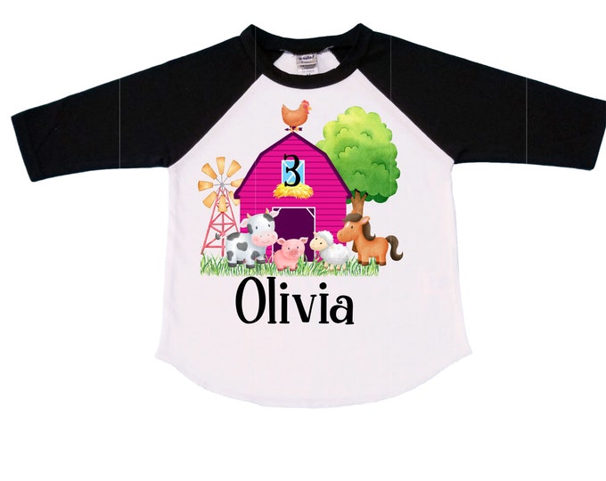 Farm Barn Tractor Farm Animal theme Birthday Shirt. THREE Birthday. Girls Cow Farm Tractor Birthday Shirt. Farm Birthday Shirt.