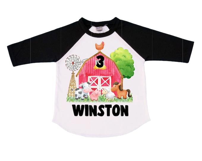 Farm Barn Tractor Farm Animal theme Birthday Shirt. THREE Birthday. Boy's Tractor Birthday Shirt. Farm Birthday Shirt.