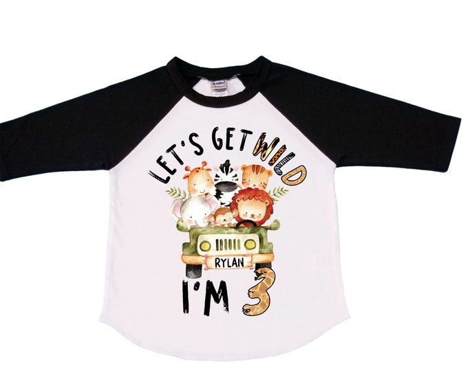 Personalized Let's Get Wild Birthday Shirt. THREE Birthday. Boy's Truck Birthday Shirt. Safari Birthday Shirt.